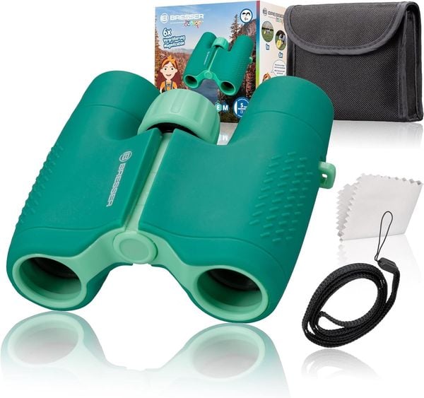 Bresser Junior 8810630B4K - Kinderfernglas 6x21, 6-fach Vergrößerung, 21mm Objektiv, inkl. Tasche, Tragriemen und Reinigungstuch, grün