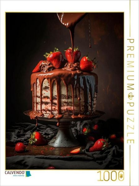 CALVENDO Puzzle Torte mit weißer Schokolade und Erdbeeren, mit Vollmilchschokolade überzogen | 1000 Teile Lege-Größe 64x48cm Foto-Puzzle für glücklich