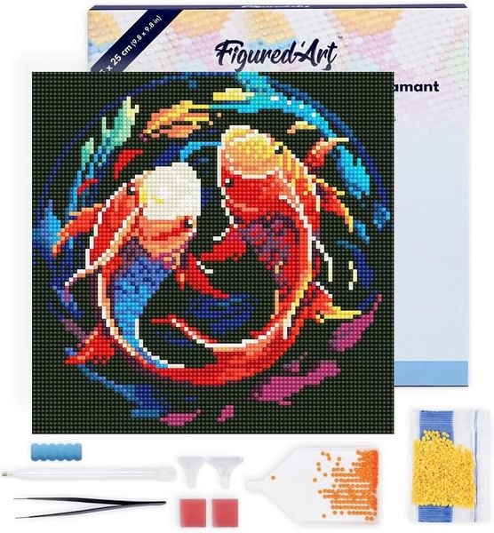 FiguredArt DP-SFA153-Y - Mini Diamond Painting, Bunte Koi-Karpfen, Leinwand-Keilrahmen (25x25cm), DIY Bastelset