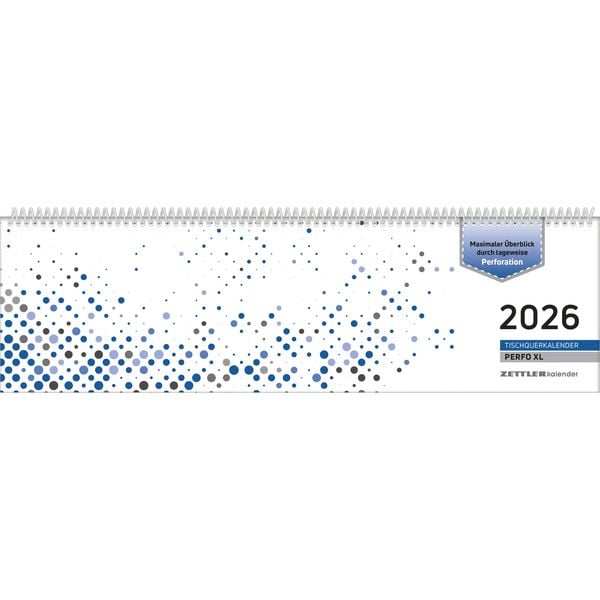 Tischquerkalender Perfo XL blau 2026 - 36,2x10,6 cm - 1 Woche auf 2 Seiten - Stundeneinteilung 7 - 20 Uhr - jeder Tag einzeln abtrennbar - 136-0015