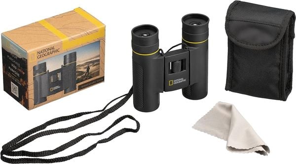 National Geographic 9025200 - Fernglas 10x25, 10-fache Vergrößerung, Taschenfernglas mit Tasche, Trageriemen und Reinigungstuch, schwarz