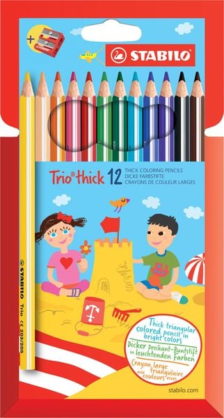 STABILO Dreikant-Buntstift - Trio dick - 12er Pack - mit 12 verschiedenen Farben und Spitzer