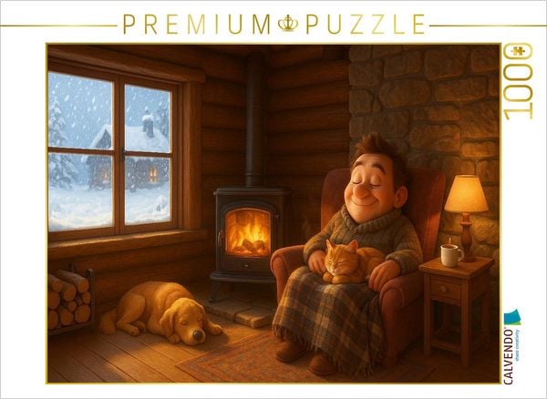 CALVENDO Puzzle Kuschelinger Kamin mit Hund und Katze | 1000 Teile Lege-Größe 64x48cm Foto-Puzzle für glückliche Stunden