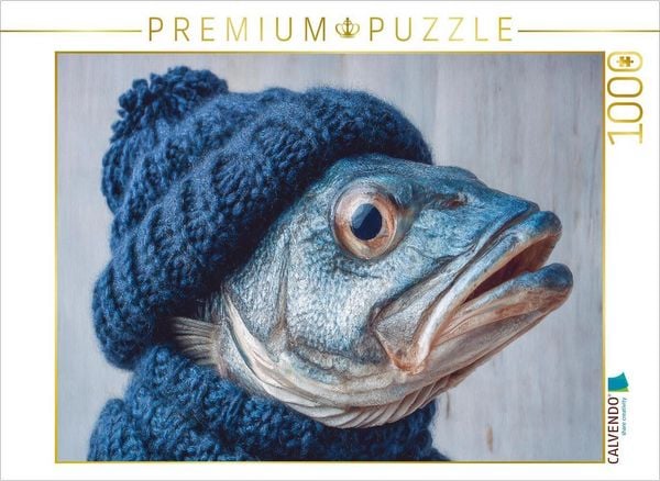 CALVENDO Puzzle Fisch mit Strickmütze - Nordisch schräg und herrlich absurd | 1000 Teile Lege-Größe 64x48cm Foto-Puzzle für glückliche Stunden