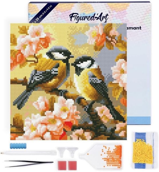FiguredArt DP-SFA183-Y - Mini Diamond Painting, Vogelpaar zwischen Blüten, Leinwand-Keilrahmen (25x25cm), DIY Bastelset