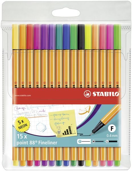 STABILO Fineliner - point 88 - 15er Pack - mit 15 verschiedenen Farben inklusive 5 Neonfarben
