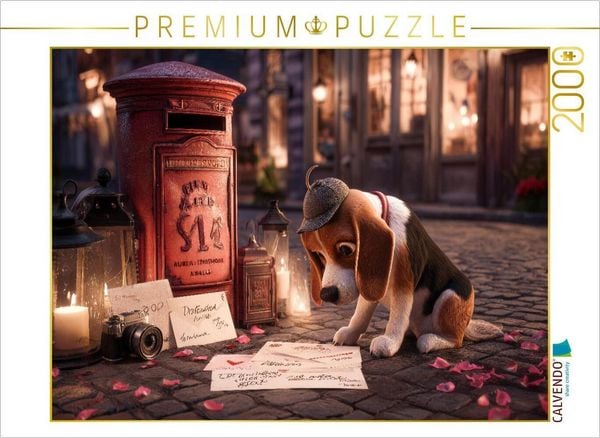 CALVENDO Puzzle Detektivhund auf Spurensuche vor rotem Briefkasten | 2000 Teile Lege-Größe 90x67cm Foto-Puzzle für glückliche Stunden