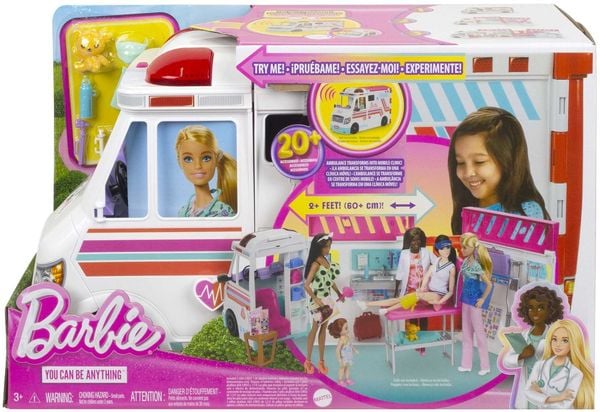 Barbie-Spielzeug, umbaubarer Krankenwagen und Klinik Spielset, mehr als 20 Zubehörteile, 2-in-1-Krankenwagen