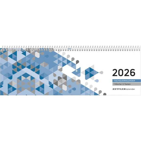 Tischquerkalender blau 2026 - 29,6x9,9 cm - 1 Woche auf 2 Seiten - Stundeneinteilung 7 - 19 Uhr - inkl. Jahresübersicht - Bürokalender - 116-0015