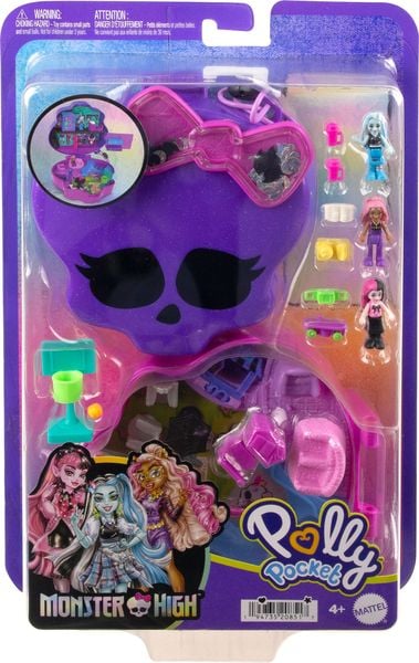 Polly Pocket Monster High Schatulle mit 3 kleinen Puppen und 10 Zubehörteilen und einer Schule im Inneren