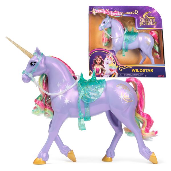 Unicorn Academy Einhorn Wildstar - 28 cm groß, Original-Einhorn von Sophia zur beliebten Netflix-Serie, mit echter Mähne und Schweif, abnehmbarem Zaumzeug und Sattel sowie Bürste