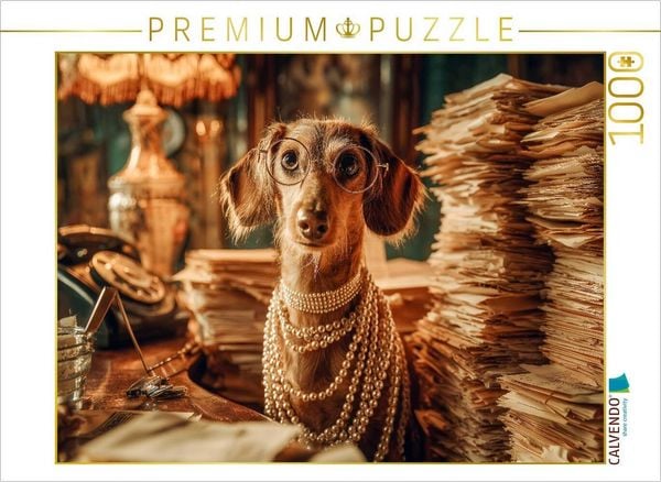 CALVENDO Puzzle Hundepuzzle Dackel im Büro mit Brille und Perlenkette | 1000 Teile Lege-Größe 64x48cm Foto-Puzzle für glückliche Stunden