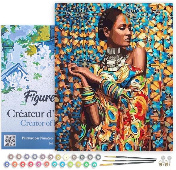 FiguredArt PN1318-Y - Malen nach Zahlen, Frau in traditioneller Kleidung, Leinen-Keilrahmen (40x50cm), Malset, Paint by Numbers