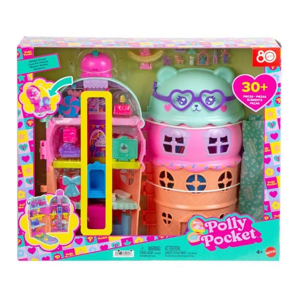 Polly Pocket Puppen und Spielset, Gelateria-Haus mit Aufzug, Eiscreme-Thema mit über 25 Zubehörteilen inklusive Möbeln und Tieren.