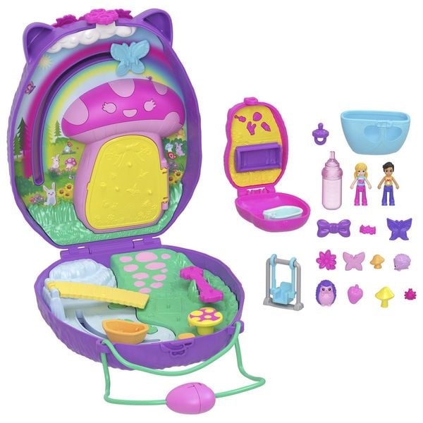 Polly Pocket Mama & Baby Igel Handtaschen-Spielset mit 2 Puppen & 16 Accessoires inklusive Haustieren