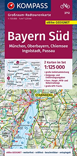 KOMPASS Großraum-Radtourenkarte 3712 Bayern Süd, Oberbayern, Chiemsee, Ingolstadt, Passau, München 1:125.000: 2 Karten im Set, reiß- und wetterfest, GPX-Daten zum Download