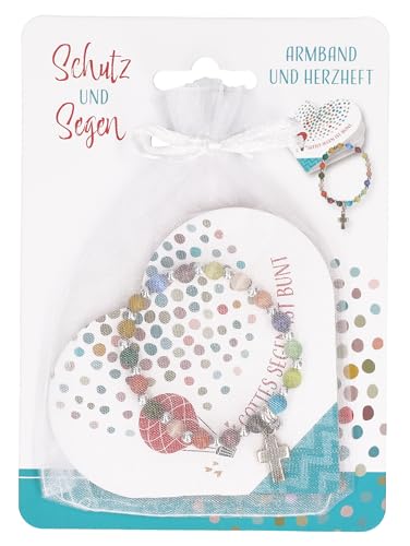 BUTZON & BERCKER Geschenkset - Schutz und Segen. Eine kleine Aufmerksamkeit mit Segenswünschen zur Kommunion. Glasperlen-Armband für Kinder und Begleitheft in Herzform; Ø 4,5-5 cm