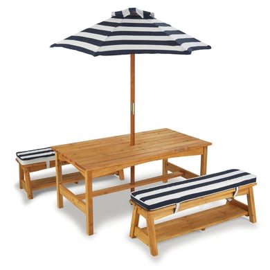 Kidkraft® Kinder Gartengarnitur mit Bänken, Kissen und Sonnenschirm, marineblau