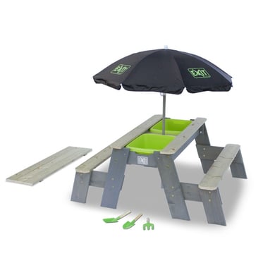 EXIT Aksent Sand,- Wasser- und Picknicktisch (2 Bänke) mit Sonnenschirm und Gartenwerkzeugen