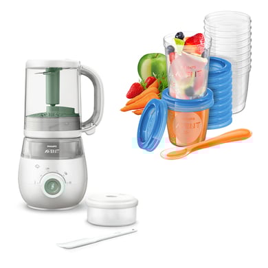 Philips Avent Babynahrungszubereiter 4-in-1 Dampfgarer und Mixer SCF885/01 in grün inkl. Aufbewahrungssystem für Babynahrung SCF721/20