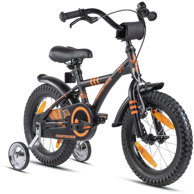PROMETHEUS BICYCLES® Kinderfahrrad 14' mit Stützräder, schwarz matt-orange