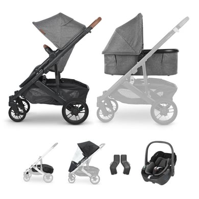 UPPAbaby Sportwagen Cruz V2 Greyson Charcoal Mélange inkl Babywanne, Korbabdeckung, Regenverdeck, Autositz-Adapter und Maxi Cosi Babyschale