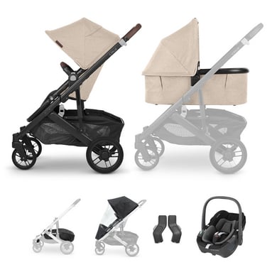 UPPAbaby Sportwagen Cruz V2 Liam Oat Mélange inkl Babywanne V3 und Maxi Cosi Babyschale Pebble 360 Essential Black mit Zubehör