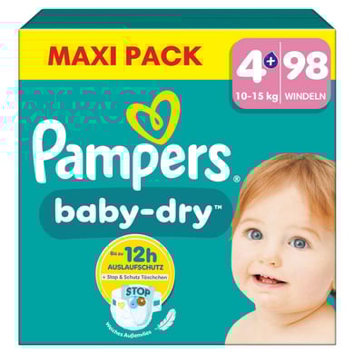 Pampers Baby-Dry Windeln, Gr.4+ Maxi Plus 10-15kg, Maxi Pack (1 x 98 Windeln)