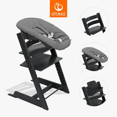 STOKKE® Tripp Trapp® Hochstuhl Buche schwarz inkl. Newborn Set™ Anthracite und Baby Set V2 schwarz