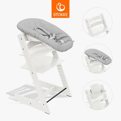 STOKKE® Tripp Trapp® Hochstuhl Buche weiß inkl. Newborn Set™ Grey und Baby Set V2 weiß