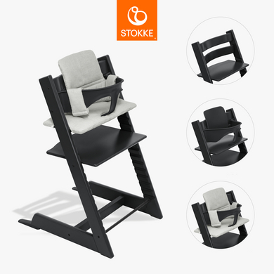 STOKKE® Tripp Trapp® Hochstuhl Buche schwarz inkl. Kissen Nordic Grey und Baby Set V2 schwarz