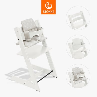 STOKKE® Tripp Trapp® Hochstuhl Buche weiß inkl. Kissen Stars Silver und Baby Set V2 weiß