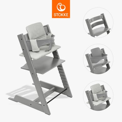STOKKE® Tripp Trapp® Hochstuhl Buche Storm Grey inkl. Kissen Nordic Grey und Baby Set V2 Storm Grey