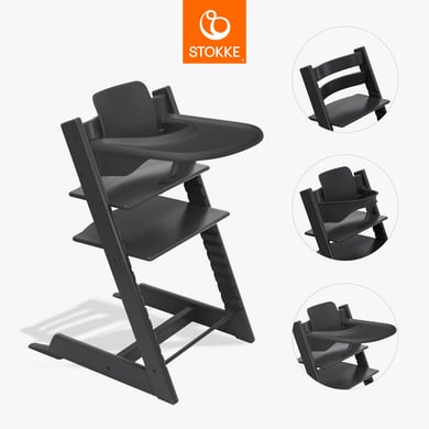 STOKKE® Tripp Trapp® Hochstuhl Buche schwarz inkl. Tray schwarz und Baby Set V2 schwarz