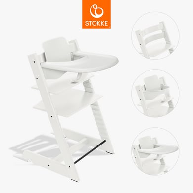 STOKKE® Tripp Trapp® Hochstuhl Buche weiß inkl. Tray weiß und Baby Set V2 weiß