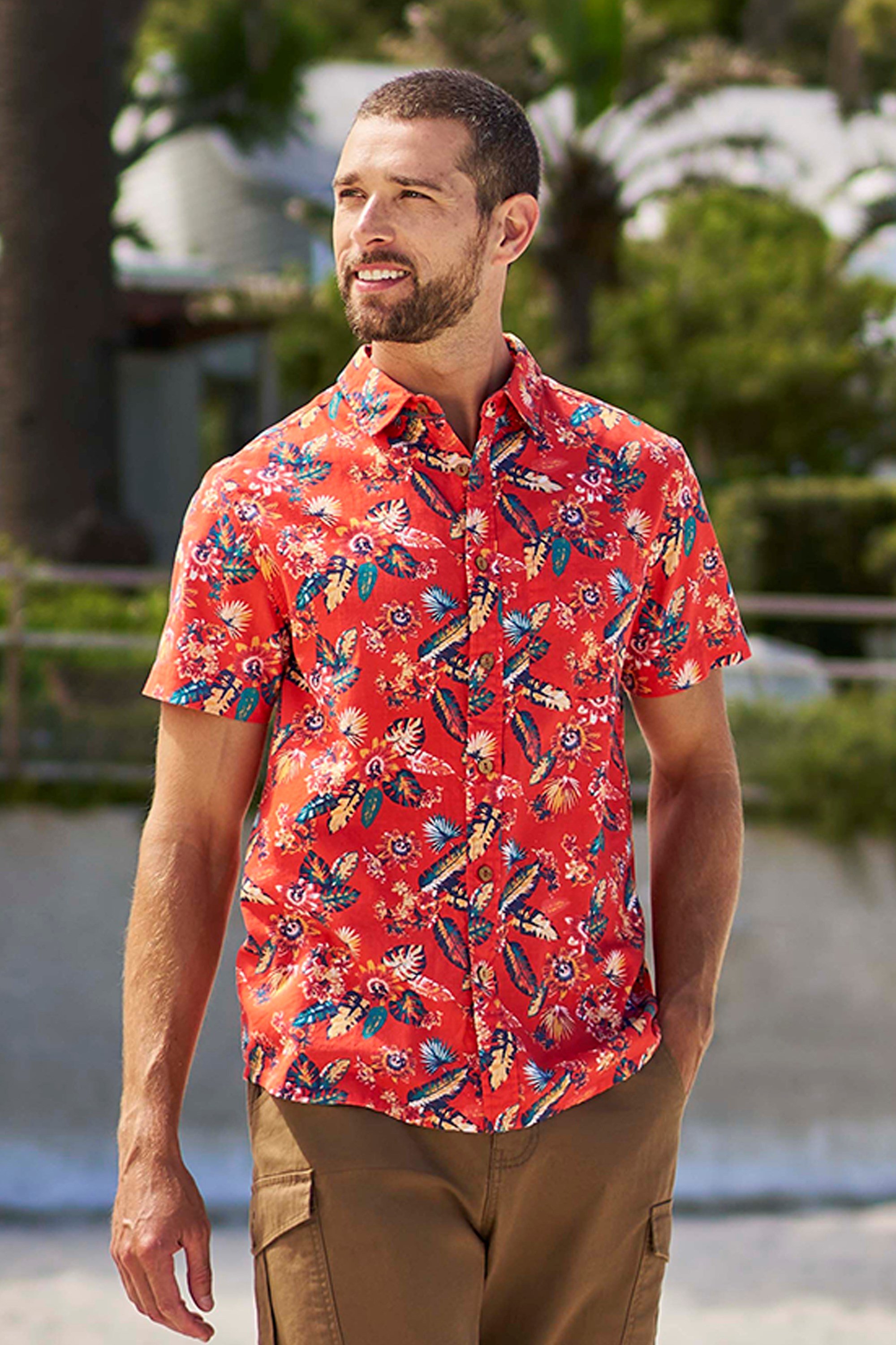 Tropical Bedrucktes Herren Kurzarm Hemd - Orange