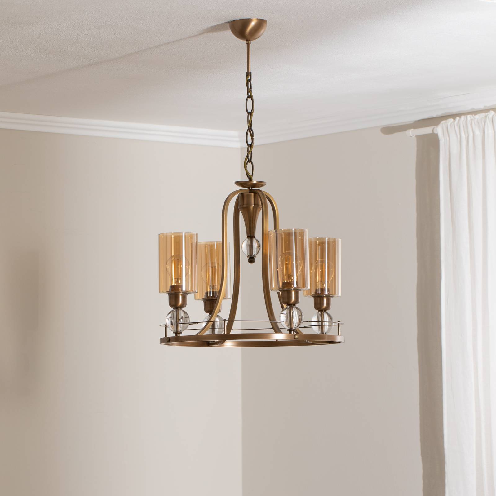 Kronleuchter Jadina, gold antik, 4-flg., Ø 50 cm Metall/Glas