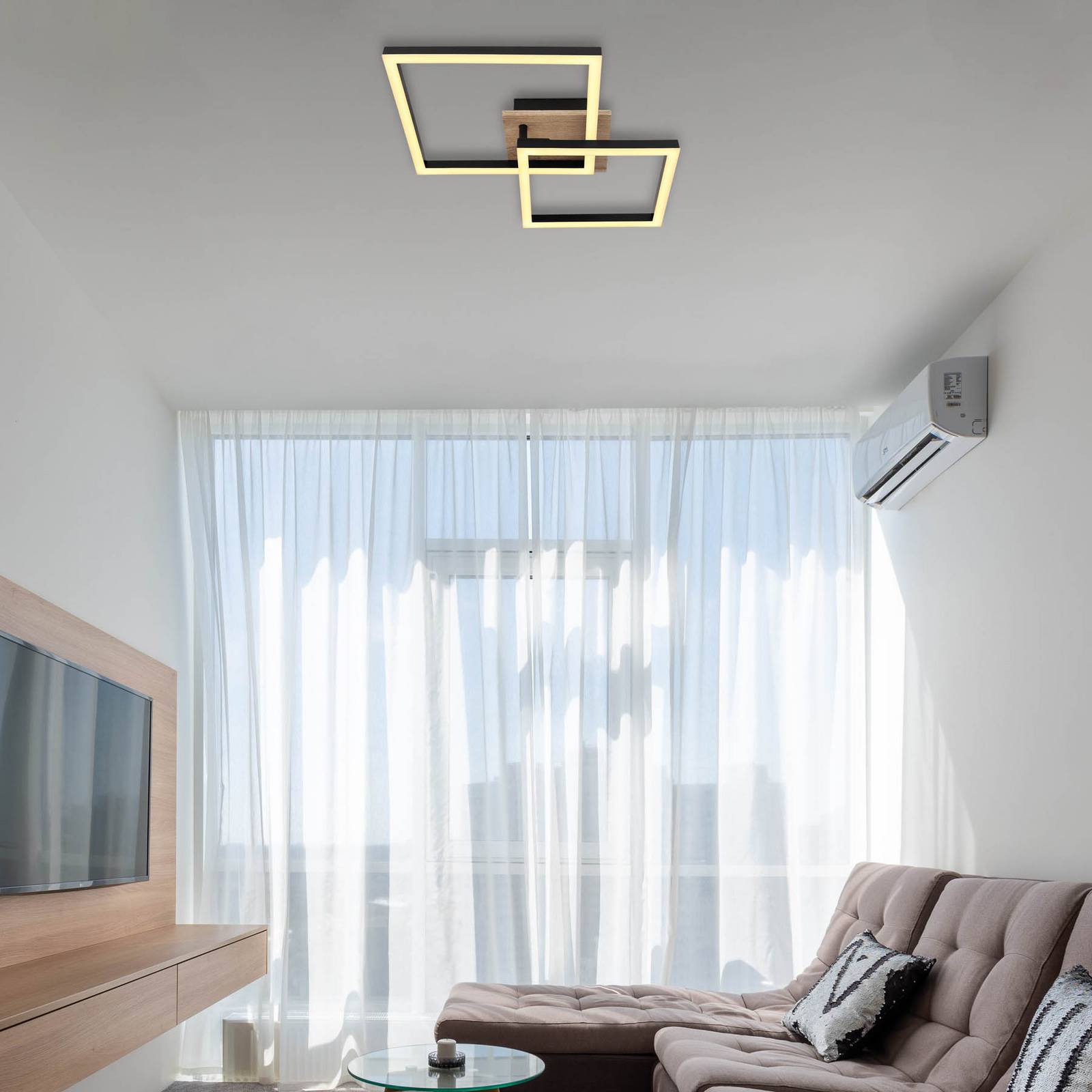 LED-Deckenlampe Bossy, Länge 53, schwarz/holz dunkel, Holz