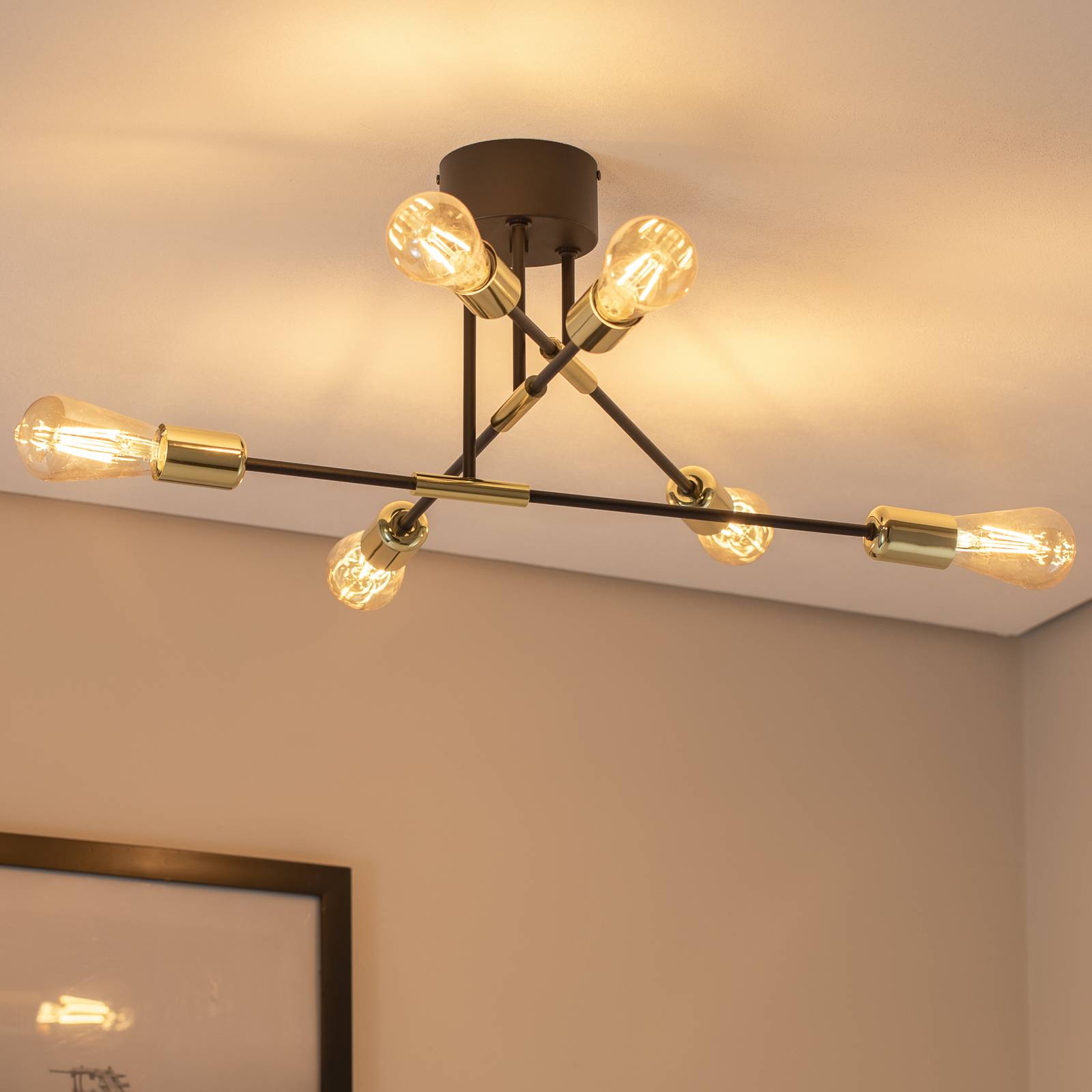 Deckenleuchte Ilia, schwarz/gold, sechsflammig