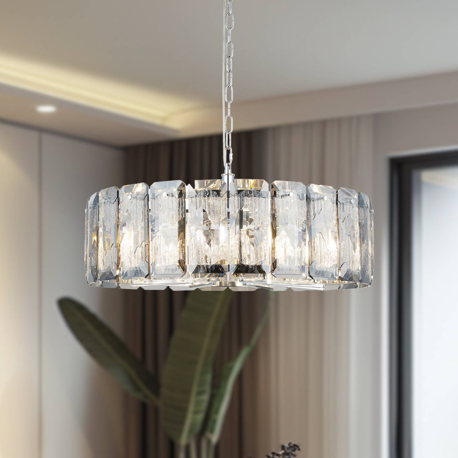 Kronleuchter Orvin, rund, chrom, 8-flammig, Ø 67 cm, Glas