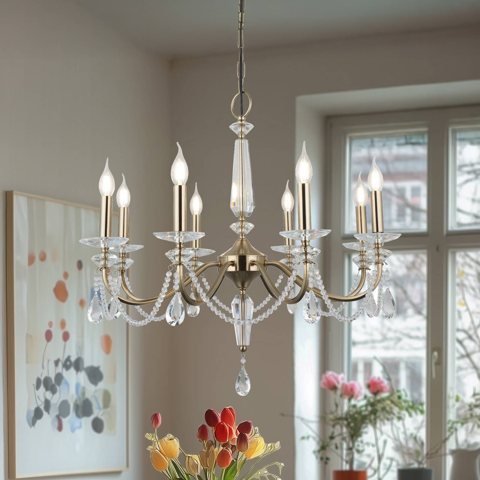 Kronleuchter Adone, rund, 8-flammig, messing, Kristallglas