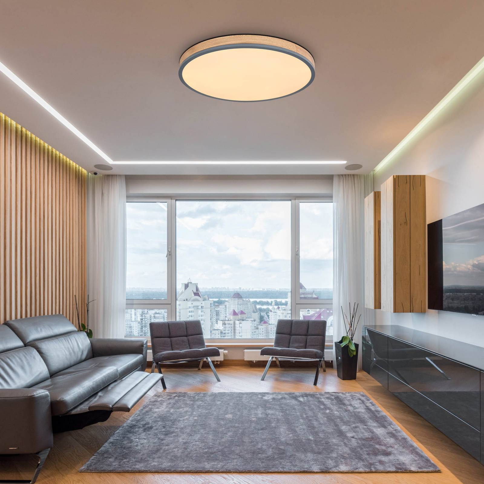 LED-Deckenlampe Doro, Ø 60 cm, grafit/holz dunkel, Holz, CCT