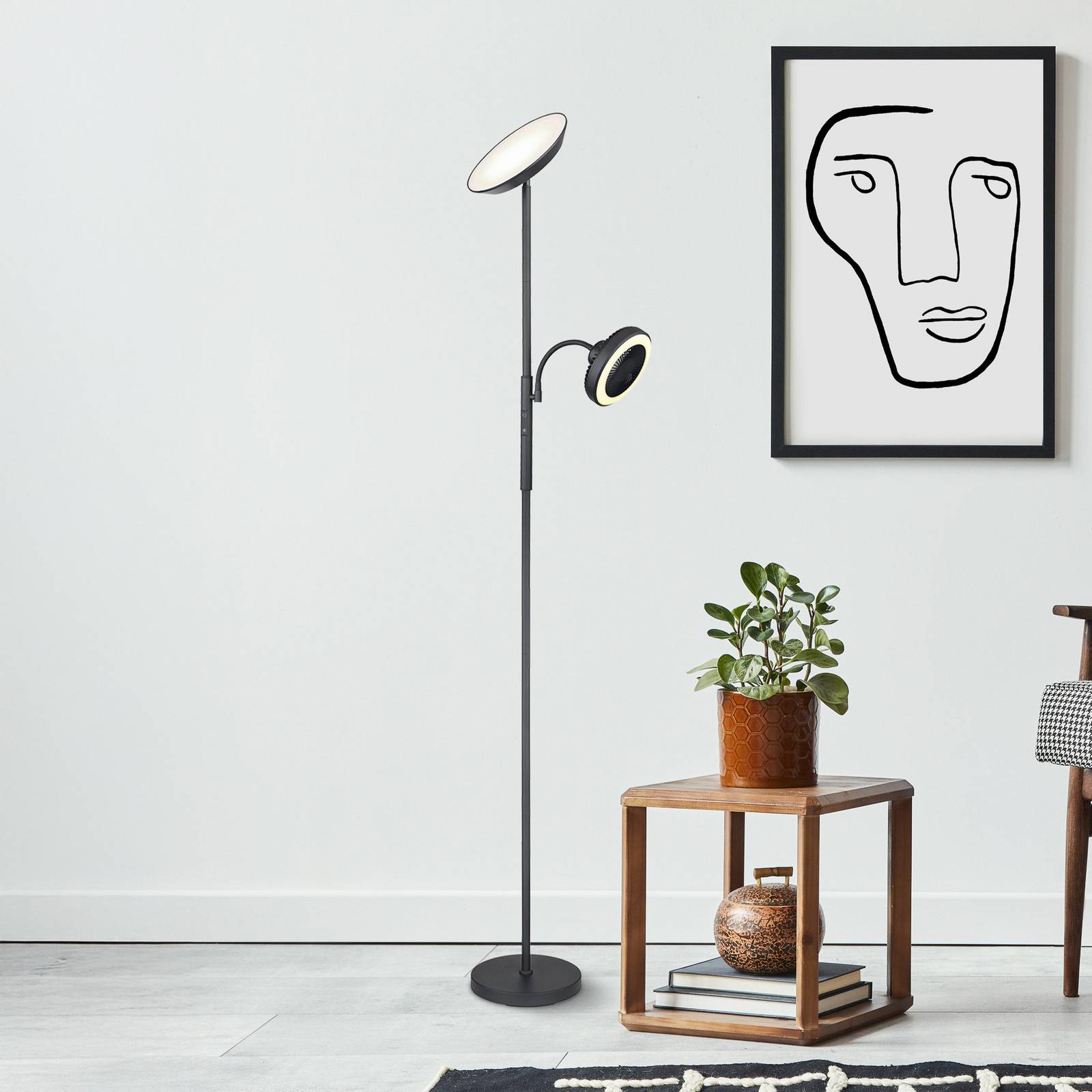 LED-Stehlampe Davyd, schwarz, 178 cm, Leselicht, Ventilator