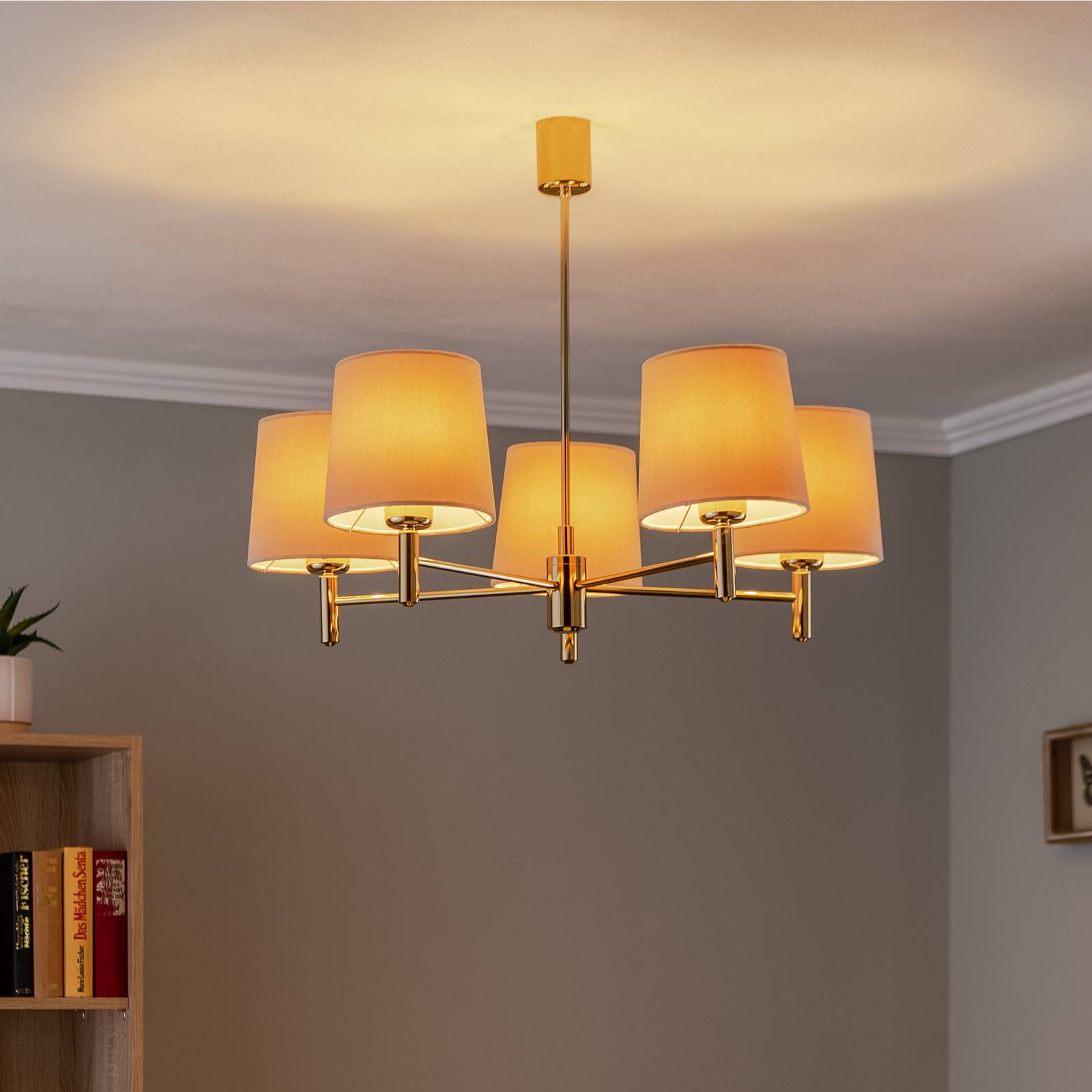 Kronleuchter Polo, 5-flg., beige/messing dunkel