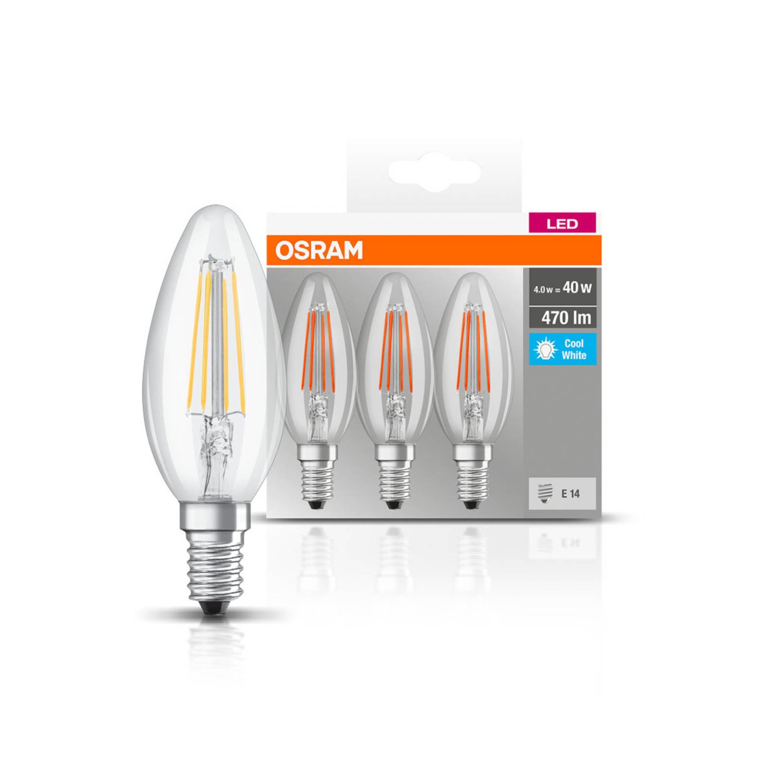 OSRAM LED-Kerze E14 4W Filament 4.000K 470lm 3er