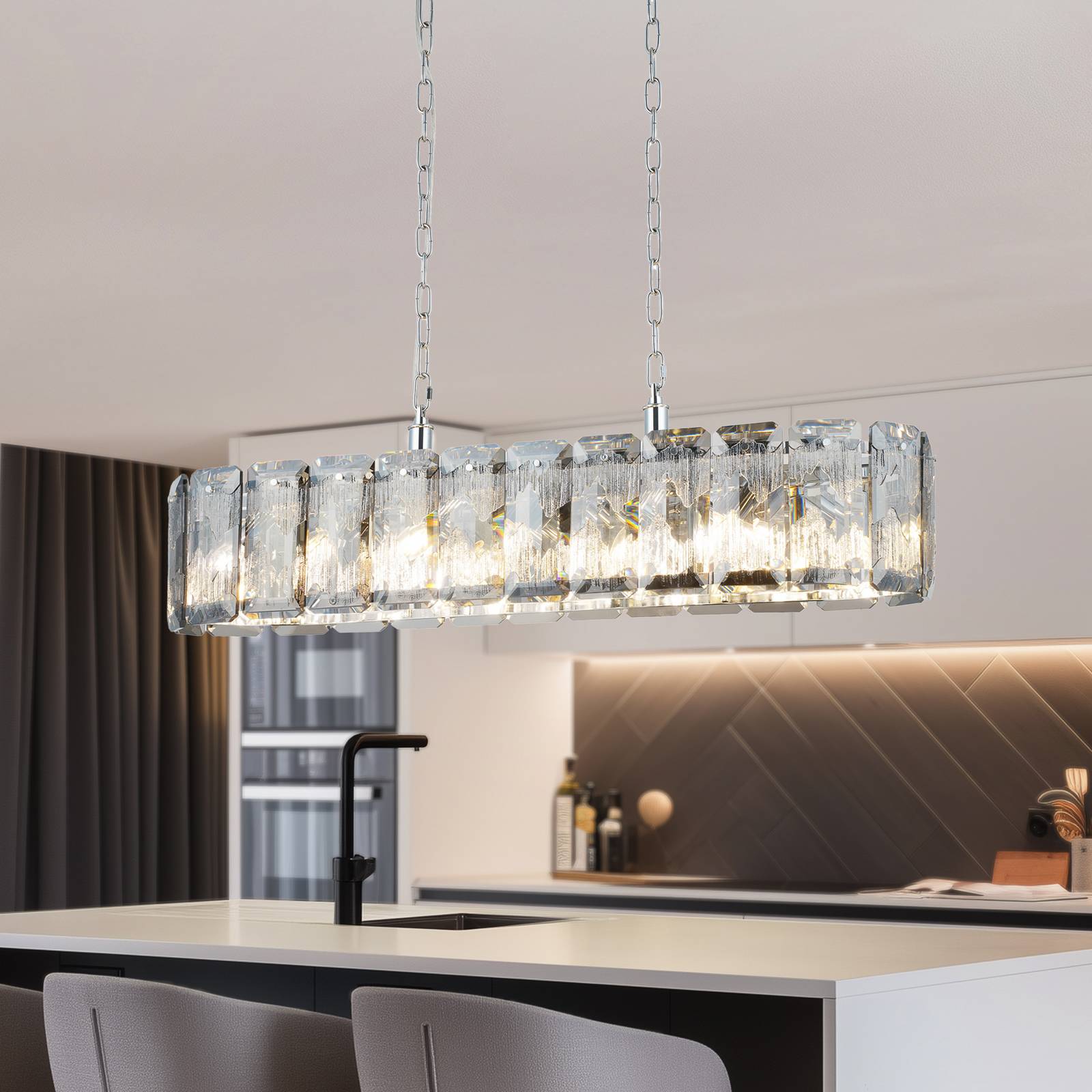 Kronleuchter Orvin, linear, chrom, 16-flg, Länge 96 cm, Glas