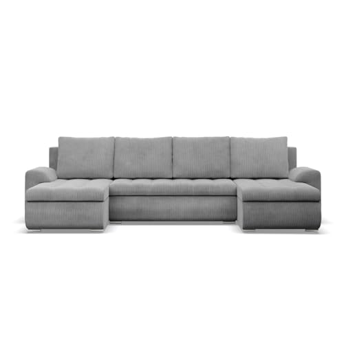 Mebligo - Ecksofa mit Schlaffunktion und 3 Bettkasten FORESTA 302x89x159 (BxHxT) Cord - Grau - Couch U Form, Sofa im Sitz: Wellenfeder + Schaumstoff, Sofas & Couches, Eckcouch