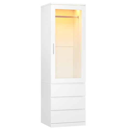 Dripex Einzeltür Schrank, kleiderschrank klein mit Einer Kleiderstange und 3 Schubladen, Minimalistischer Wardrobe Closet | 50 x 48 x 180cm | Weiß, für EIN Schlafzimmer Kleiderschränke