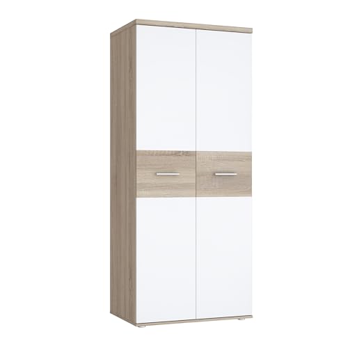 Forte WINNIE Schrank 80, moderner Kleiderschrank, Kinderzimmerschrank, Schlafzimmer, Skandinavischer Stil, 2-türig, Sonoma Eiche Holzdekor/ Weiß, 80 cm breit x 189 cm hoch x 53 cm tief