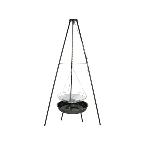 GLÜHZONE HKG 200 - Schwenkgrill mit Feuerschale - Dreibein Schwenker Holzkohlegrill (höhenverstellbar, einfach, robust, komplett Set, große Grillfläche Ø 50 cm) - für Camping und Garten - schwarz